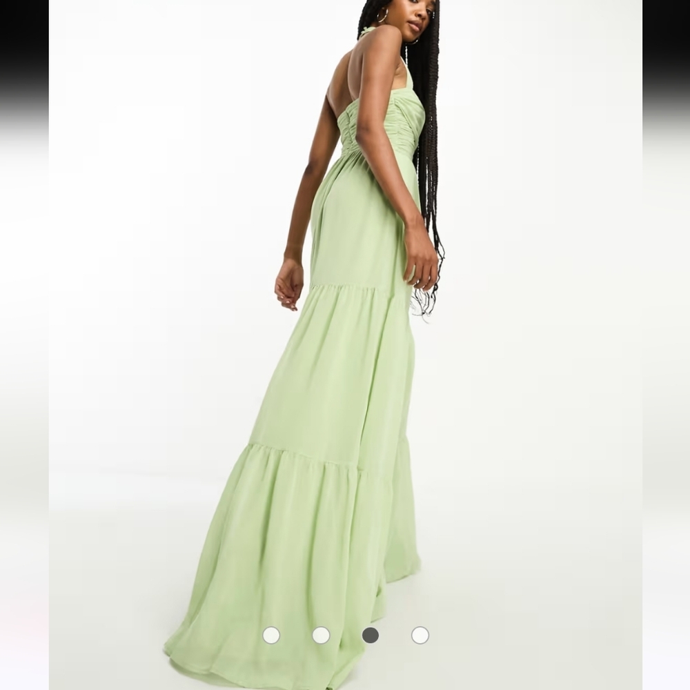 ASOS DESIGN Tall ruched bodice halter tiered maxi dress Sage green Wedding Y2K - Picture 3 of 13